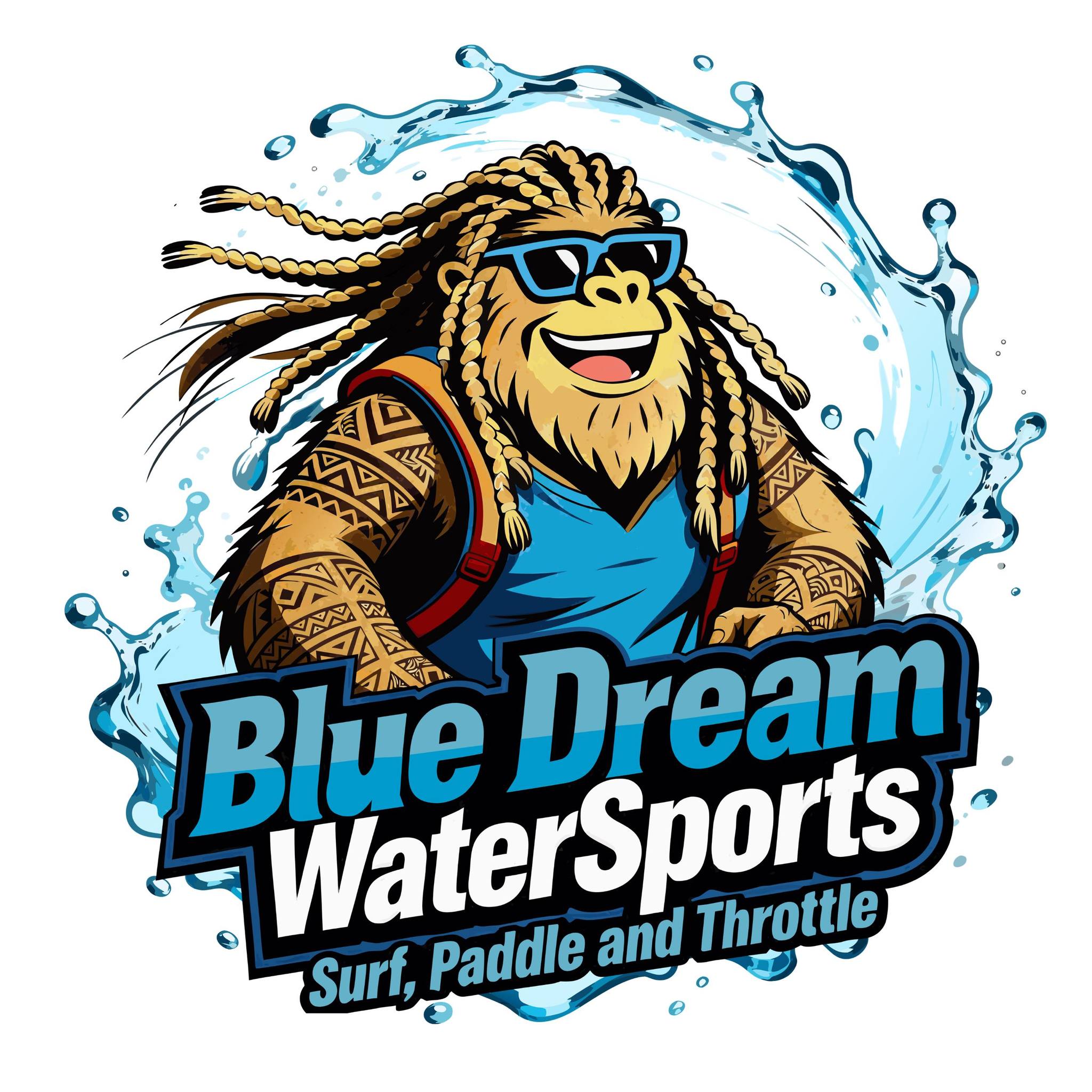 Logo illustration of a bearded man with blue sunglasses surfing a wave; reads 'Blue Dream Watersports'. - Clayton, GA