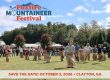Promotional banner for Foxfire Mountaineer Festival with people in a sack race on a green field; date is October 3, 2026 in Clayton, GA.
