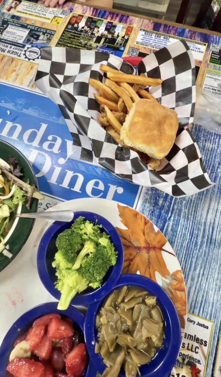 Burger sandwich with a side of french fries on black-and-white checkered paper, surrounded by bowls of broccoli, watermelon, and mushroom/vegetable sides on a colorful table. - Clayton, GA