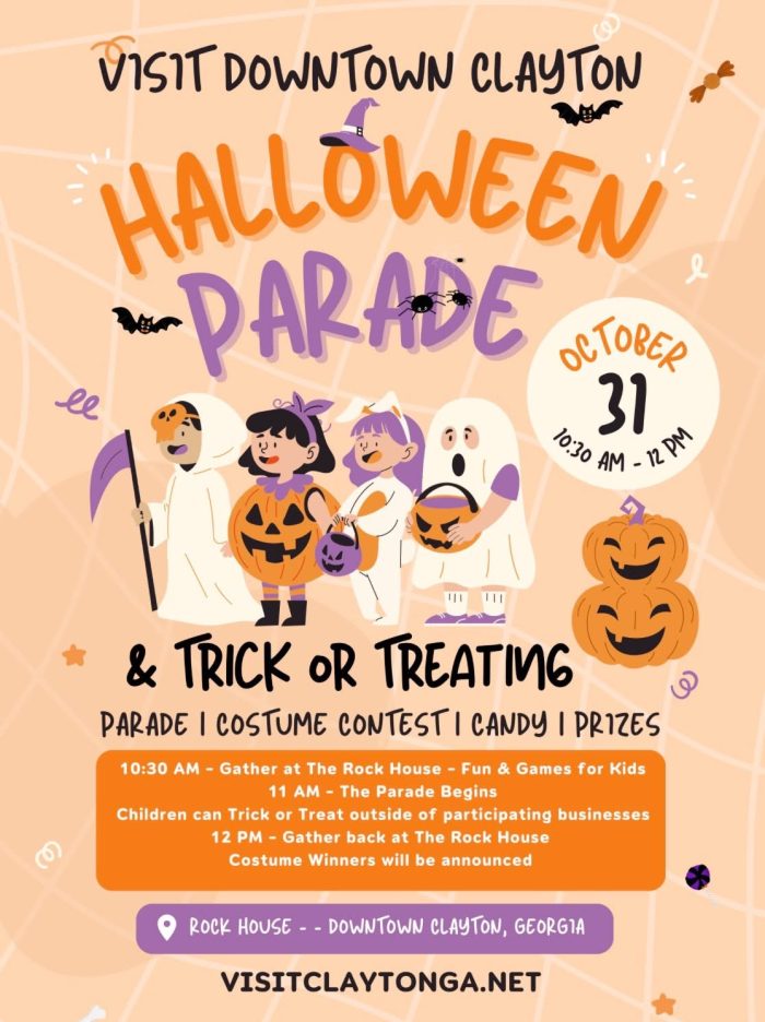 Halloween Parade & Trick-or-Treating poster for Downtown Clayton on Oct 31; kids in costumes with pumpkins, bats, and ghost figures.