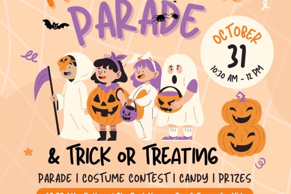 Halloween Parade & Trick-or-Treating poster for Downtown Clayton on Oct 31; kids in costumes with pumpkins, bats, and ghost figures.