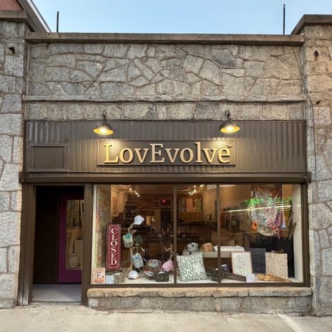 Storefront with a stone facade, a sign that reads 'LovEvolve', and a window display of bags and decor with a 'CLOSED' sign in the window.