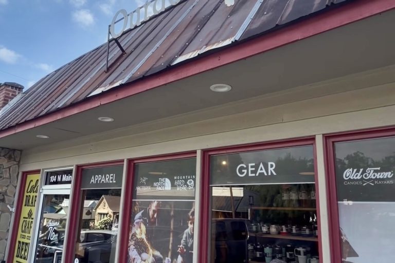 Outdoor 76 storefront on North Main Street in downtown Clayton, Georgia