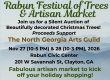 Rabun Festival of Trees and Artisan Market flyer: November 27–28, 2026 at Rabun Civic Center in Clayton, with decorated Christmas tree auction, free admission and free parking.