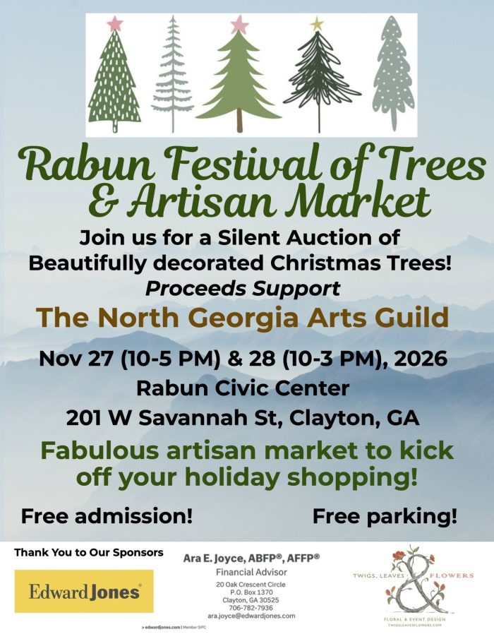 Rabun Festival of Trees and Artisan Market flyer: November 27–28, 2026 at Rabun Civic Center in Clayton, with decorated Christmas tree auction, free admission and free parking.