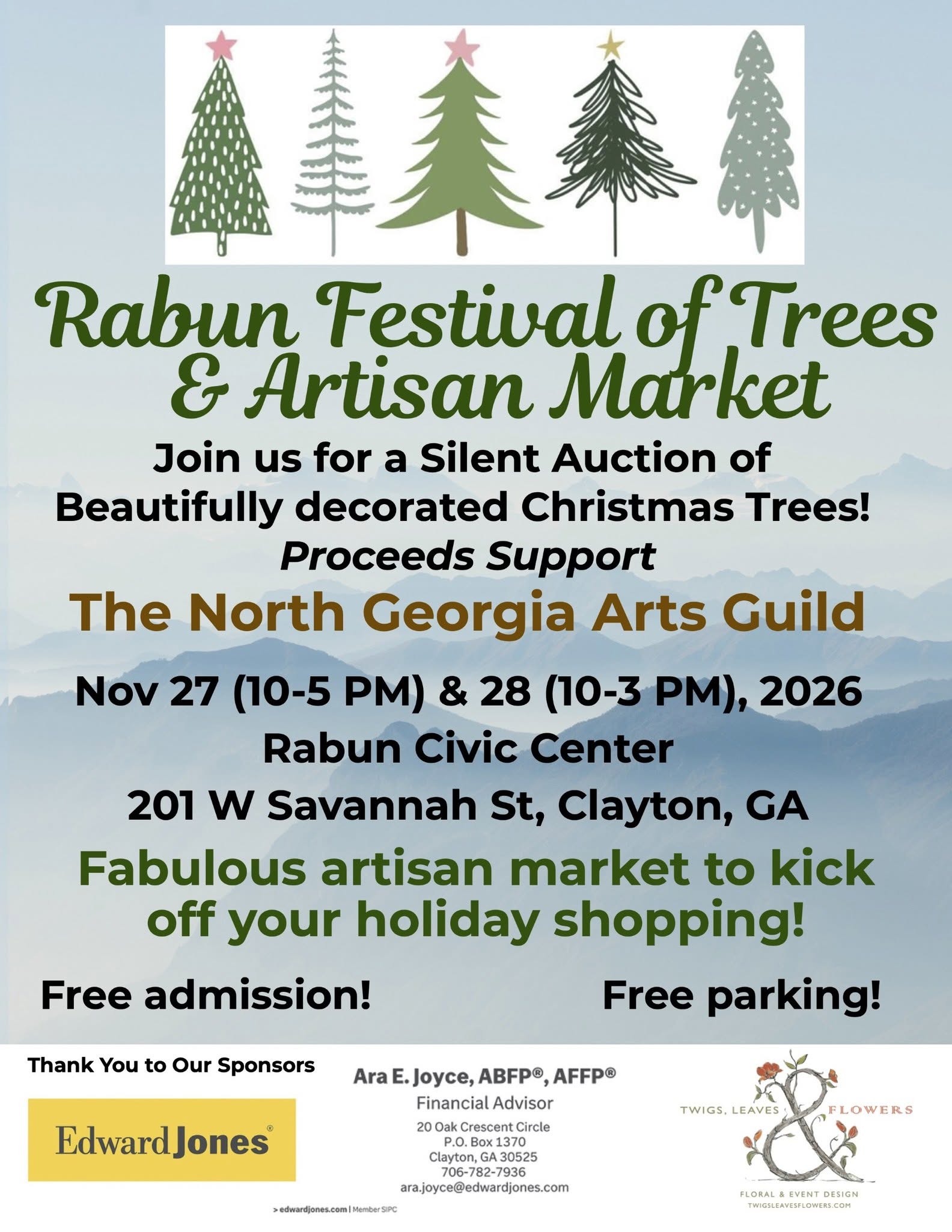 Rabun Festival of Trees and Artisan Market 2026 Clayton GA Event Flyer - Visit Clayton, GA Rabun Festival of Trees and Artisan Market flyer: November 27–28, 2026 at Rabun Civic Center in Clayton, with decorated Christmas tree auction, free admission and free parking.