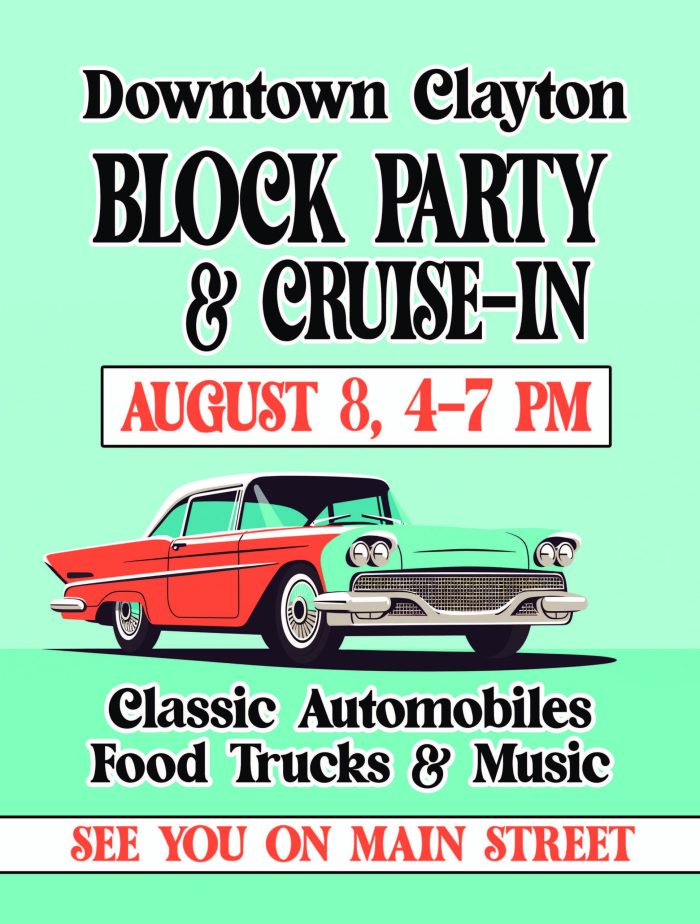 Poster for Downtown Clayton Block Party & Cruise-In with a vintage car illustration and date August 8, 4–7 PM.