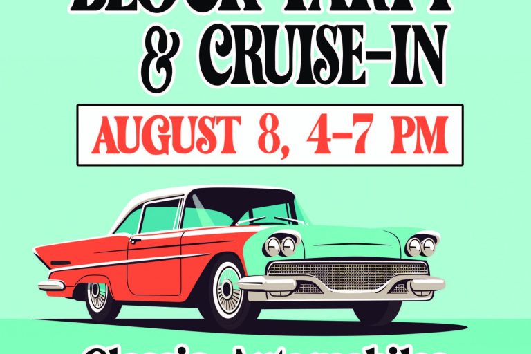 Poster for Downtown Clayton Block Party & Cruise-In with a vintage car illustration and date August 8, 4–7 PM.