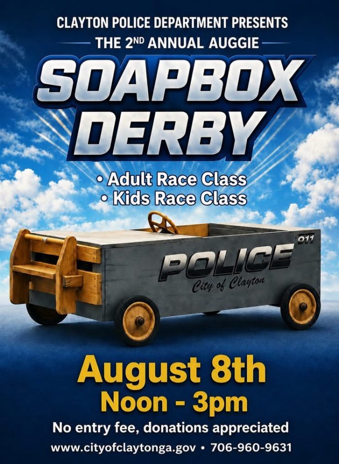 Clayton Police presents the 2nd annual Auggie Soapbox Derby with Adult and Kids Race Classes; August 8, Noon–3pm; no entry fee, donations appreciated.
