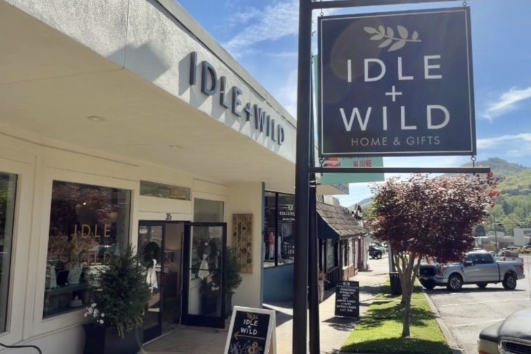 Idle + Wild Home & Gifts storefront with a hanging sign against a bright blue sky on a sunny day.