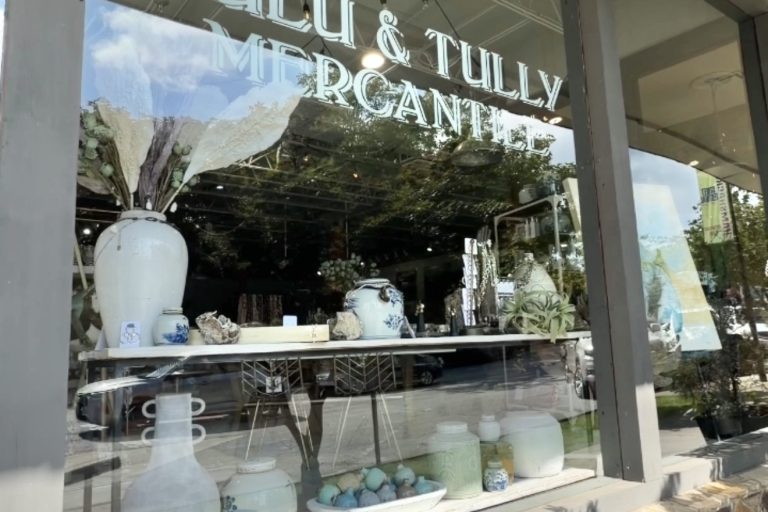 Storefront window display at Lulu & Lily Mercantile featuring blue-and-white ceramic vases and bowls arranged on a shelf inside.