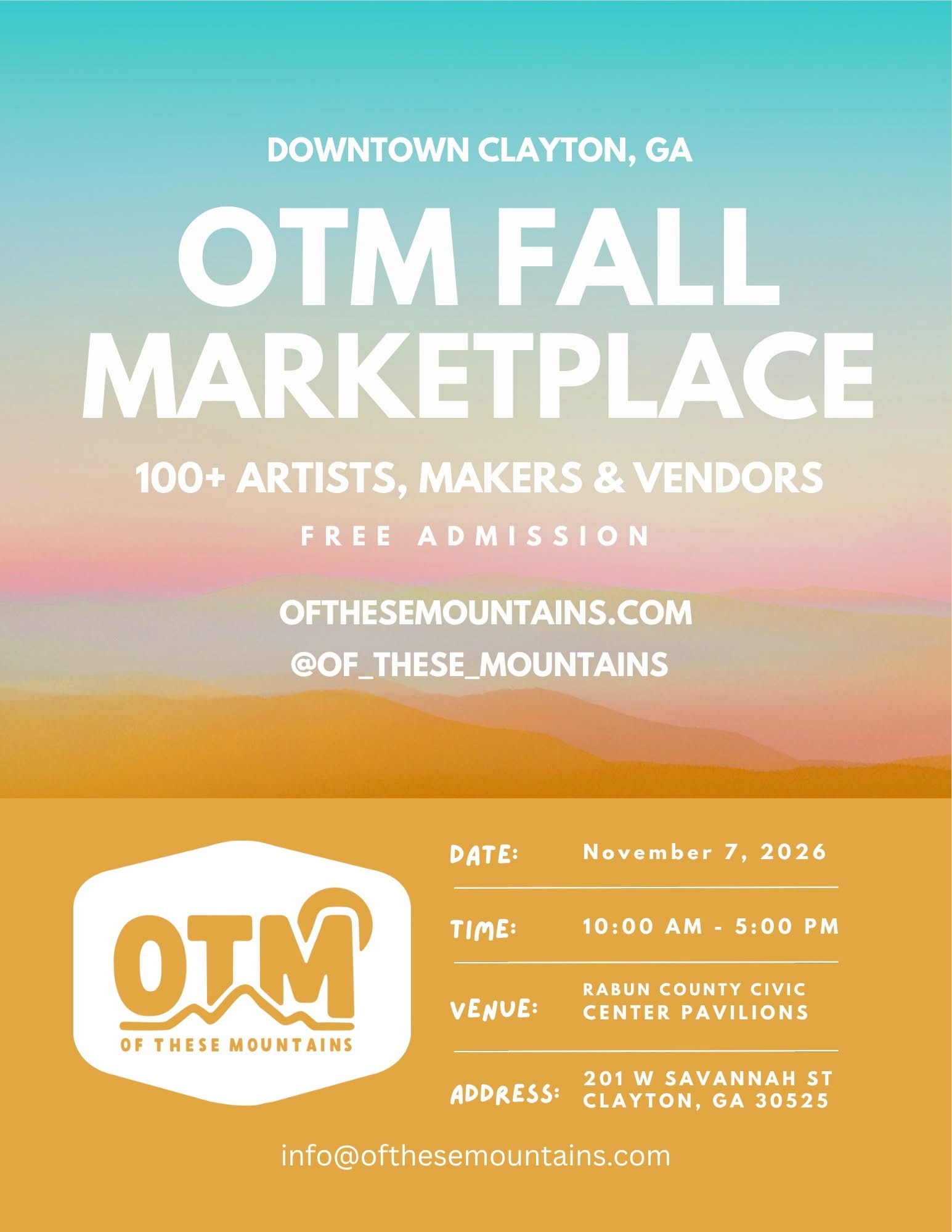 Poster advertising OTM Fall Marketplace in Downtown Clayton, GA with 100+ artists and free admission.