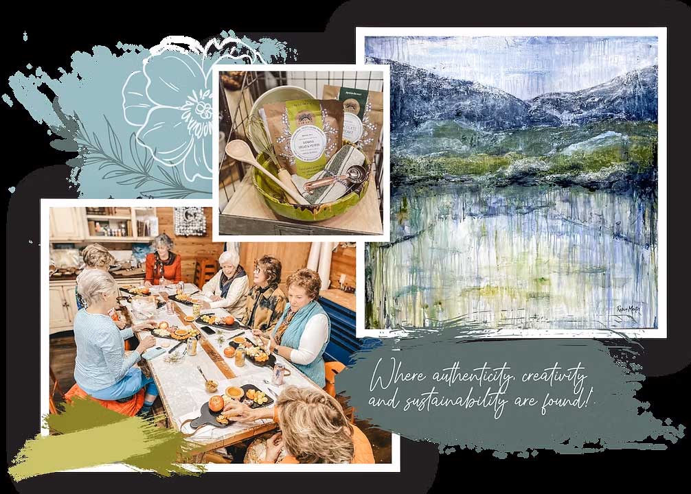 Lulu & Tully's Mercantile - Visit Clayton, GA Collage of seniors sharing a meal at a long table, a basket of kitchen items, and a framed landscape painting, with the text: 'Where authenticity, creativity, and sustainability are found.' - Clayton, GA