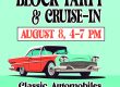 Poster for Downtown Clayton Block Party & Cruise-In with a vintage car illustration and date August 8, 4–7 PM.