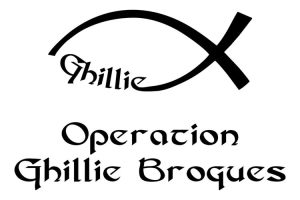 Ghillie Brogues - Clayton Merchants & Business Association - Choose Local Logo featuring a black fish (ichthys) symbol with decorative script text reading 'Phllie' and 'Operation Ghillie Broques' beneath.