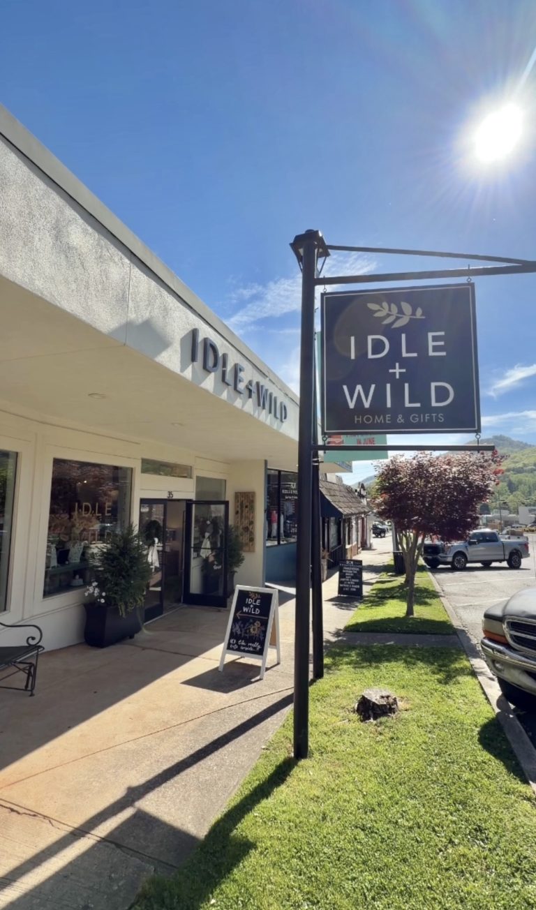 Idle + Wild Home & Gifts storefront with a hanging sign against a bright blue sky on a sunny day.
