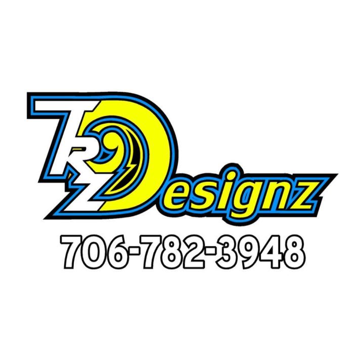 TRZ Designz Logo for 7D Designz with a bold blue-yellow 7D wordmark and the phone number 706-782-3948 underneath.