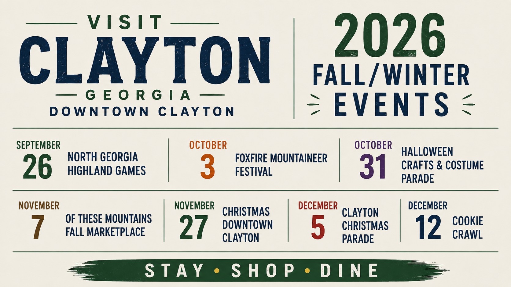 Clayton, GA Events This Year - Clayton Merchants & Business Association - Choose Local Visit Clayton, Georgia — Downtown Clayton events calendar for Fall/Winter 2026.