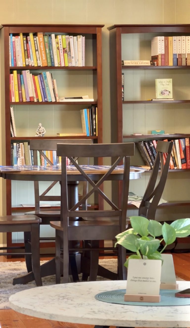 Wooden bookcases filled with colorful books frame a small reading area with dark wooden chairs and a round white table; a green plant sits in the foreground.