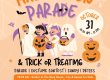 Halloween Parade & Trick-or-Treating poster for Downtown Clayton on Oct 31; kids in costumes with pumpkins, bats, and ghost figures.