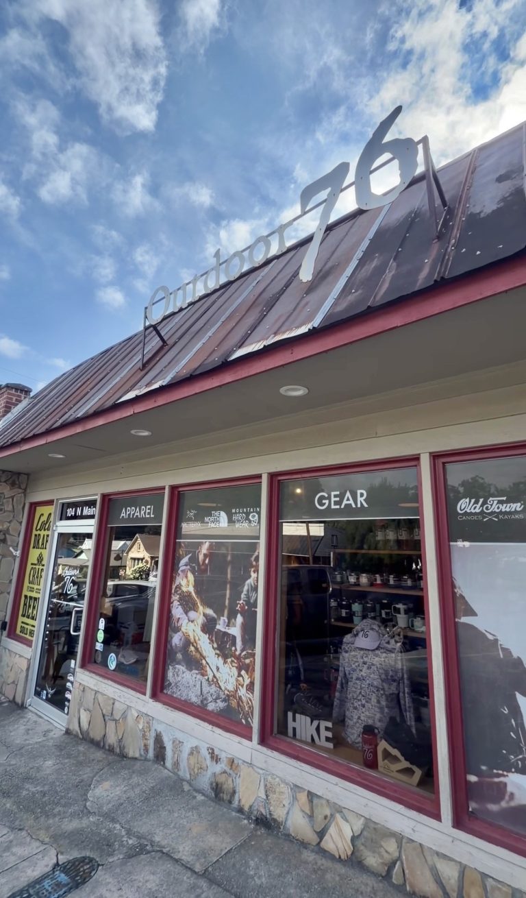 Outdoor 76 storefront on North Main Street in downtown Clayton, Georgia